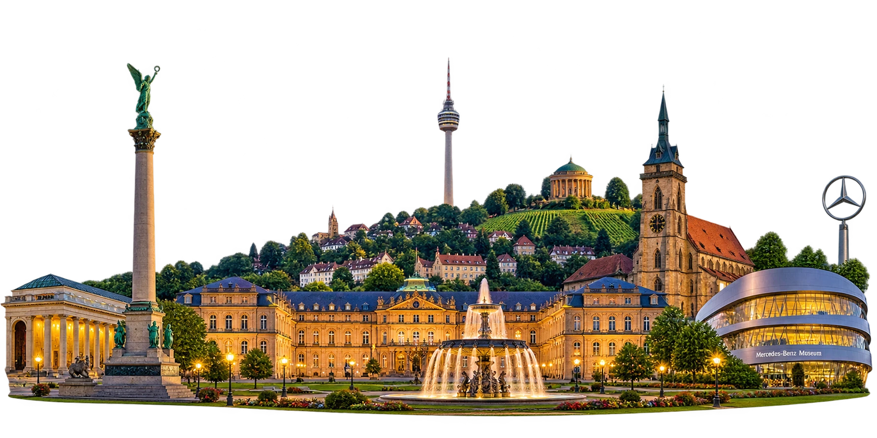 Stuttgart landmarks: Jubilee Column, TV tower, Collegiate Church, the New Palace fountain and the Mercedes-Benz Museum